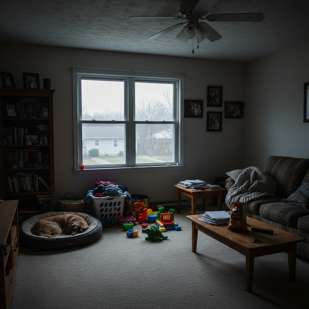 Cluttered family room with bare window, dim lighting